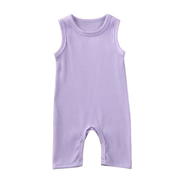 Barboteuse Couleur Unie pour Bébé, Sans Manches Col Rond en Tissu Côtelé une Pièce