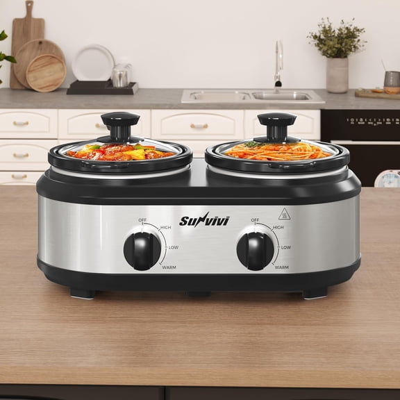 Dual Slow Cooker Buffet Server Food Warmer with 3 Temp Settings & Glass Lids for Parties