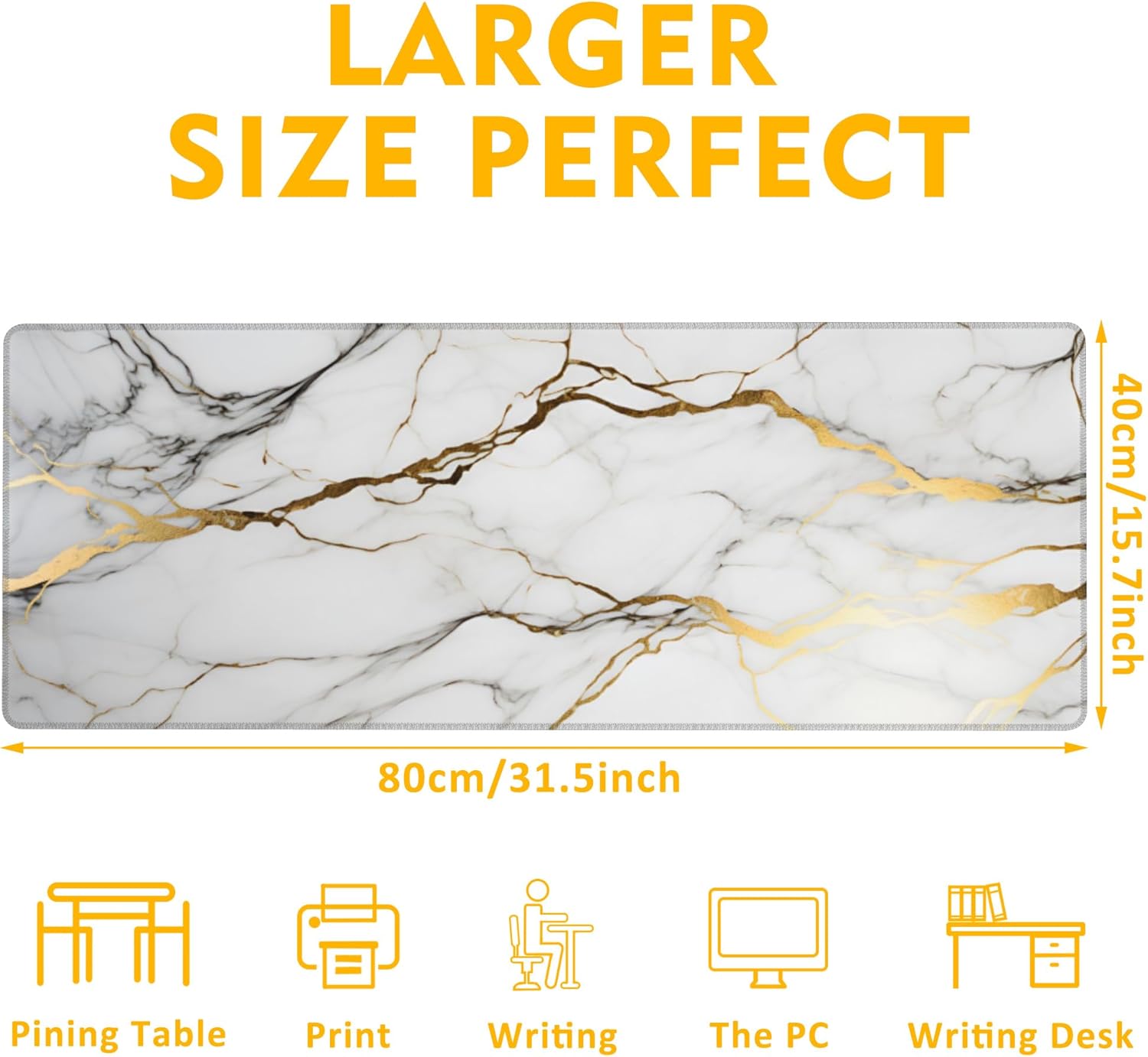 Desk Mat,Gold Line Marble Gaming Mouse Pad,31.5"X15.7" Large Desk Pad with Stitched Edge Non-Slip Base Keyboard Big Mouse Pad for Office Home Work Gaming-White