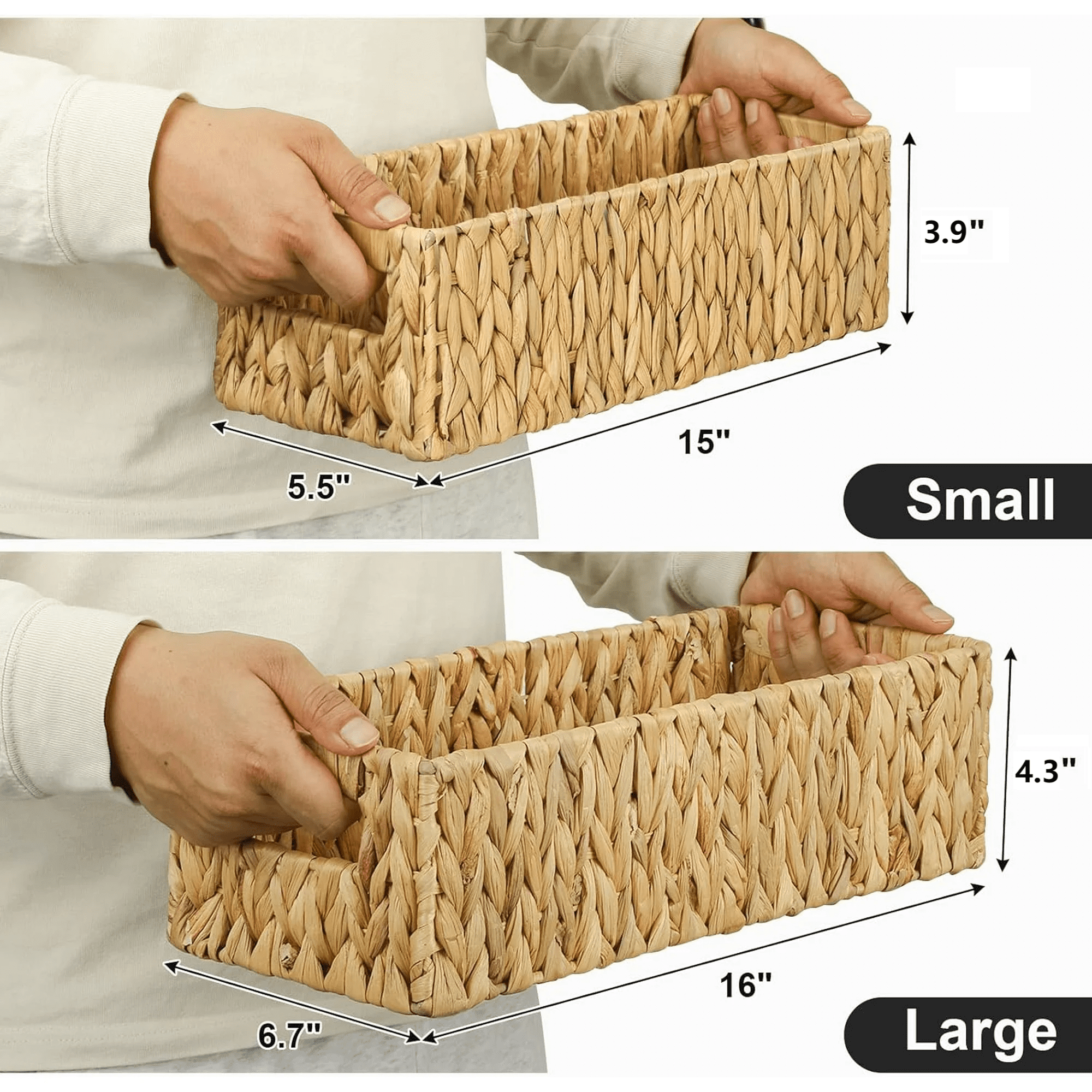 Nesting Small Wicker Basket, Water Hyacinth Toilet Paper Baskets Bathroom Organizer, Woven Long Narrow Baskets, 2 Pack