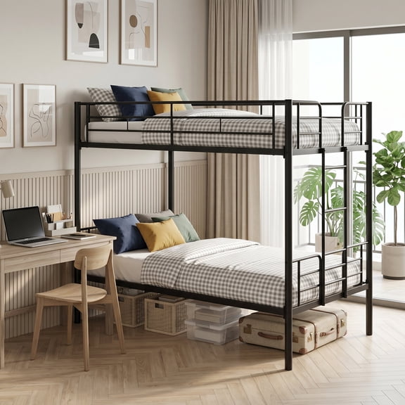edx Twin Over Twin Metal Bunk Bed with Stairs & Safety Guardrails, Heavy-Duty Steel Frame, No Box Spring Needed, Space-Saving Bunk Beds, Black