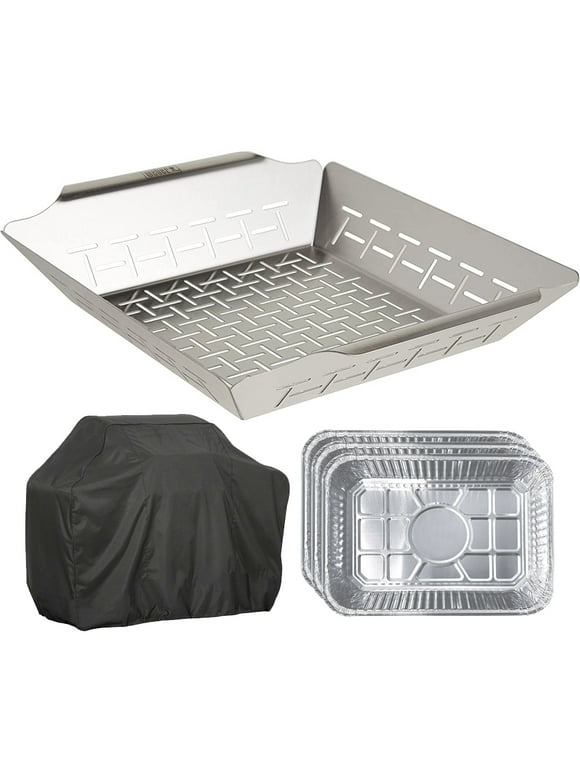Weber 6434 Deluxe Stainless Steel Grilling Basket Large Bundle with Generic Aluminum Drip Pans Set of 3 and Grill Cover Barbecue Waterproof Outdoor Protection