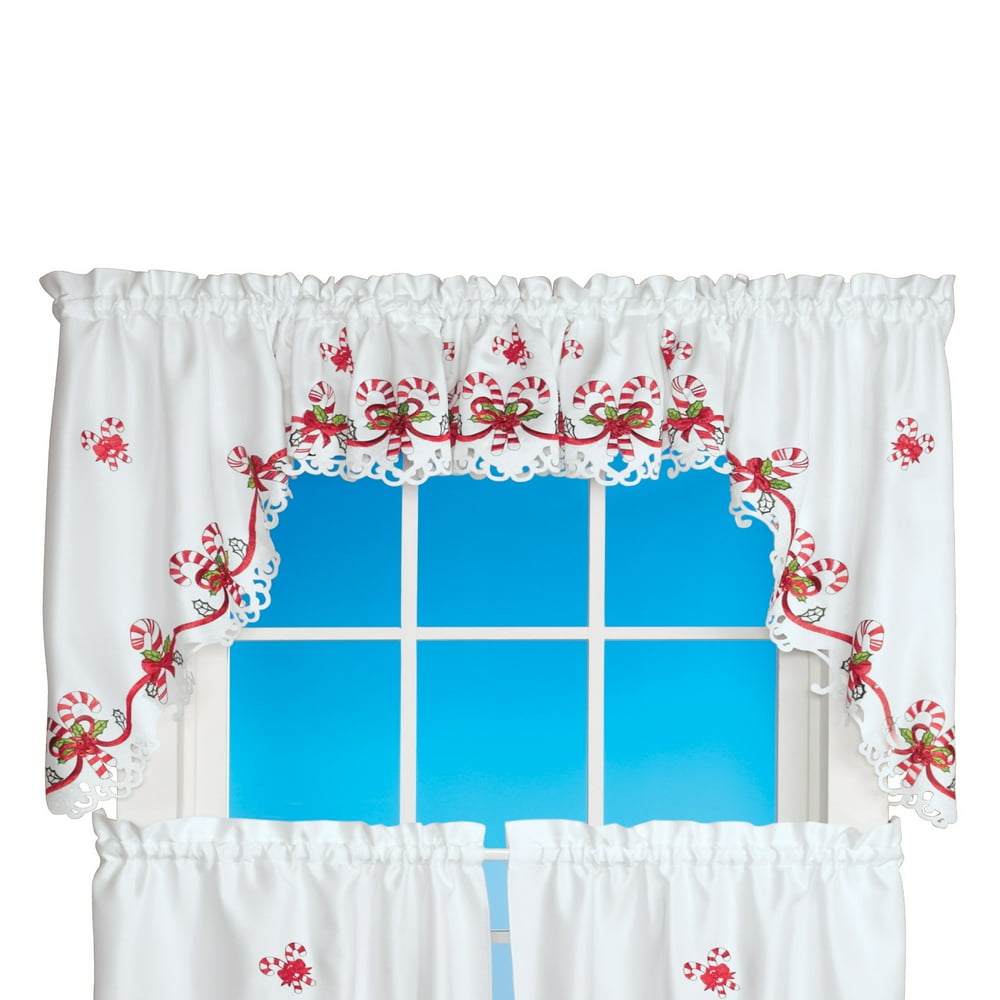 Embroidered Candy Cane Window Curtains with Rod Pocket Top Holiday