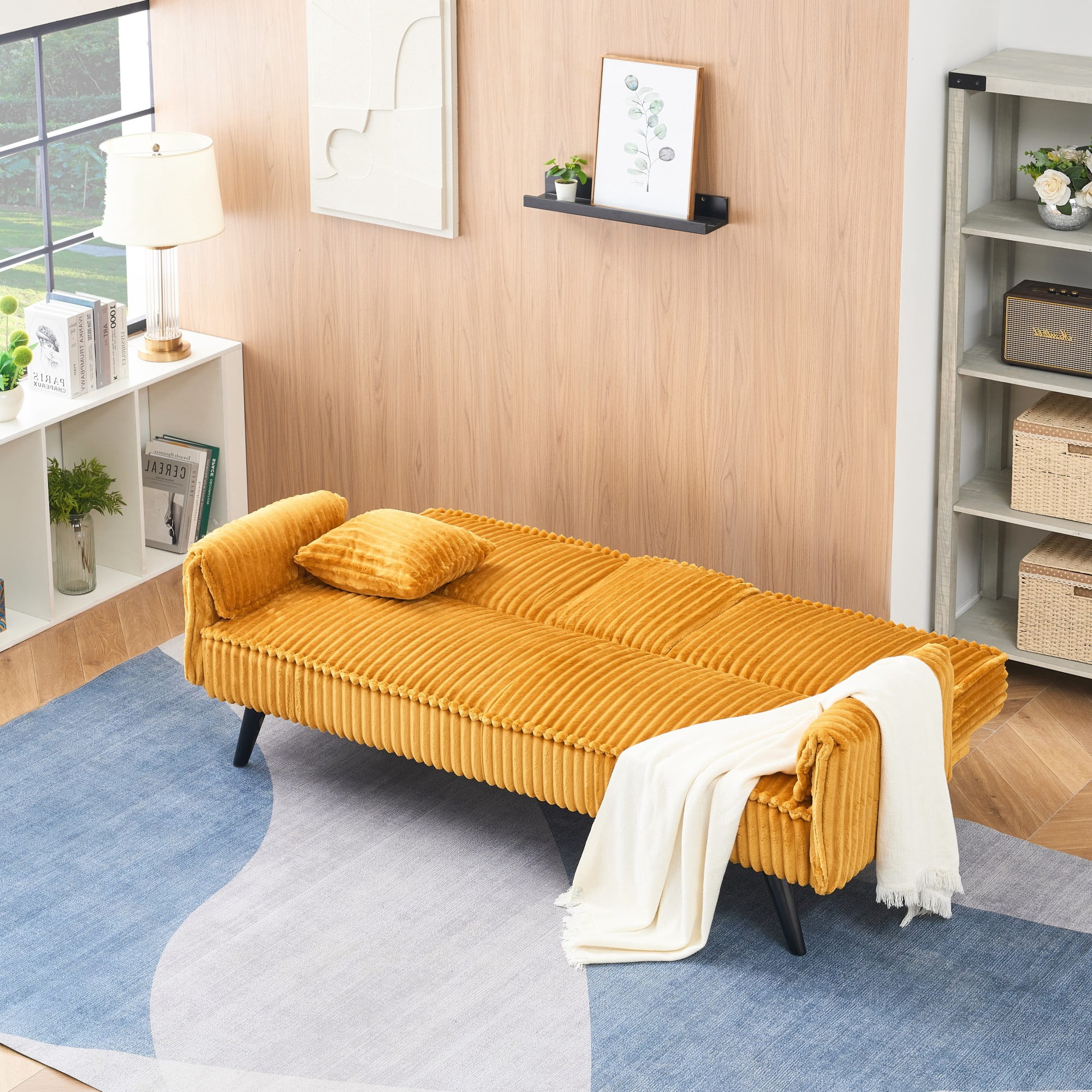 Gewnee 72" 3‑Seat Convertible Sleeper Sofa, Corduroy Couch with Retractable Cup Holders, 3‑Position Adjustable Backrest sofa bed for Living Room Bedroom,Orange