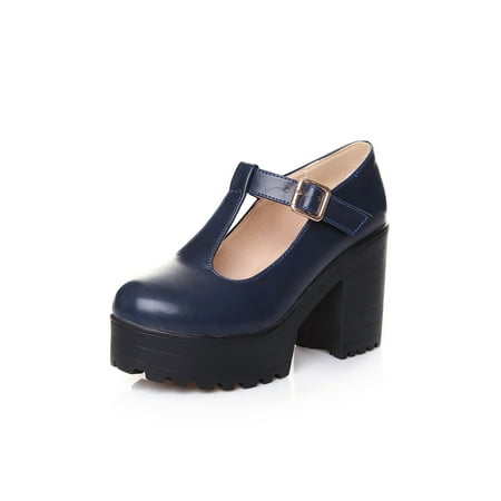 

Wazshop Womens High Heels Chunky Heel Pumps T-Strap Sandals Non Slip Ankle Strap Dress Shoes Ladies Mary Jane Platform Comfortable Blue US 9