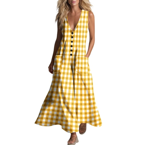 XuJwPNcy Maxi Dresses for Women V Neck Trendy Plaid Summer Dress Sleeveless Aline Beach Sundresses with Pockets Travel Outfit