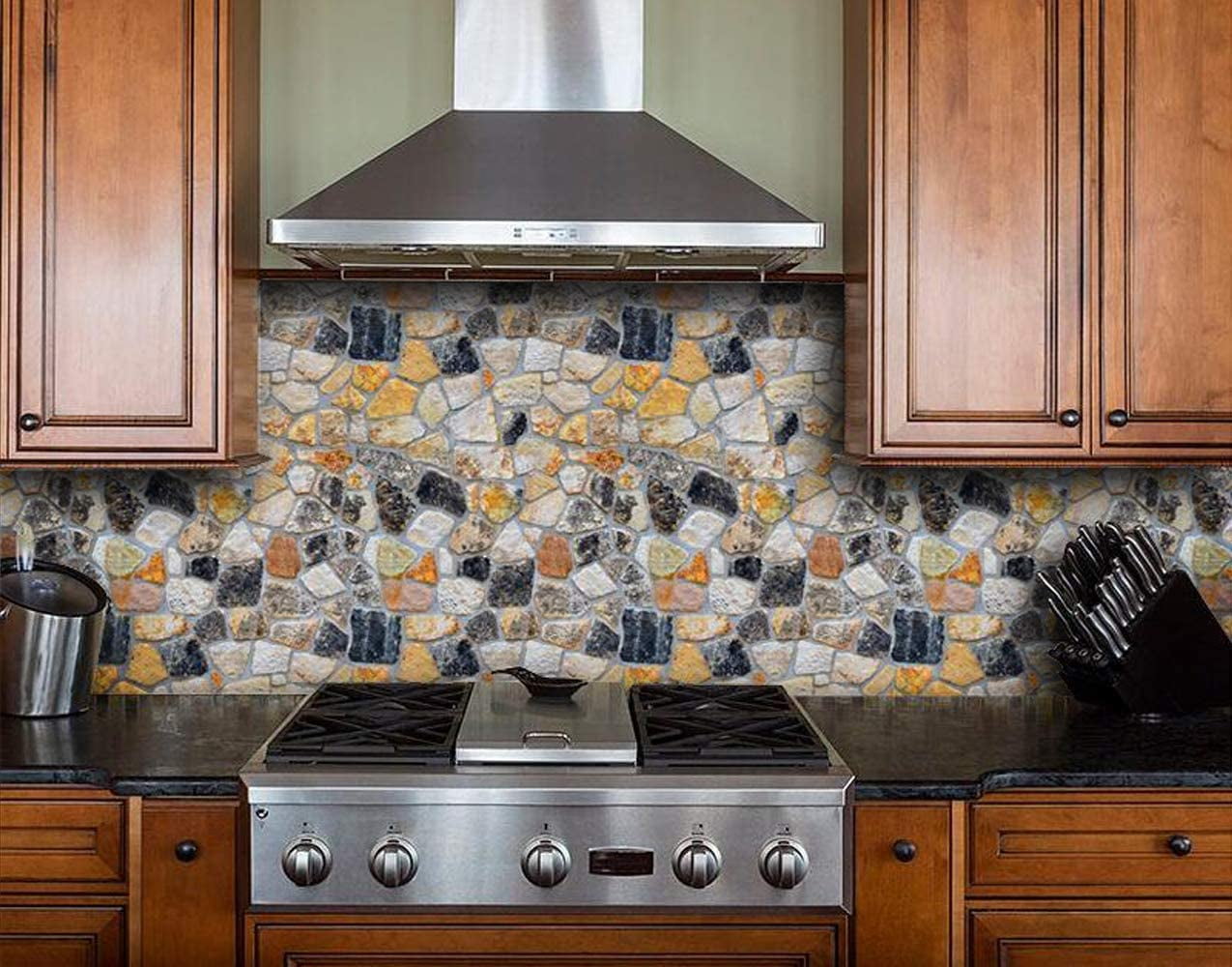 Stone Wallpaper, 3D Effect Blocks Yellow Black Multi Color Brick Peel and Stick Wallpaper, 17.7" x 393"