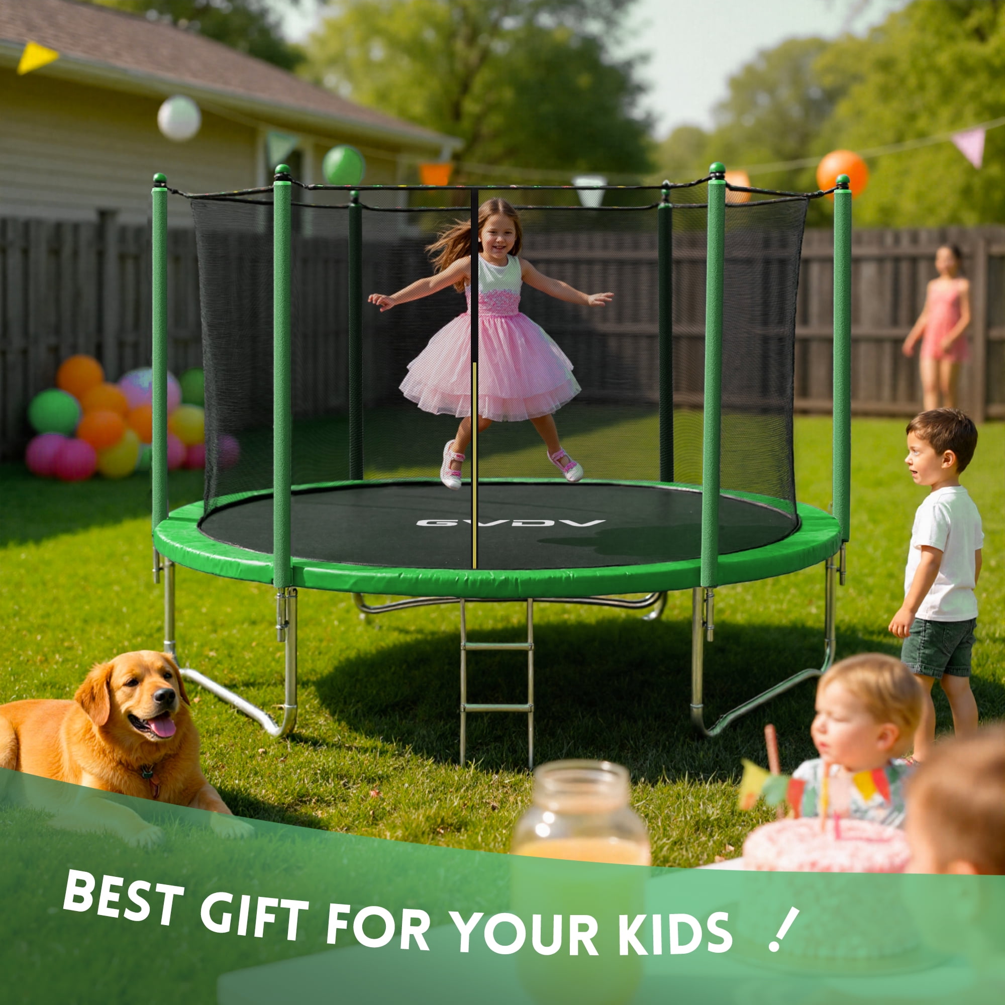 GVDV Outdoor Trampoline, 8' Backyard Recreational Trampoline with Enclosure for Kids & Adults