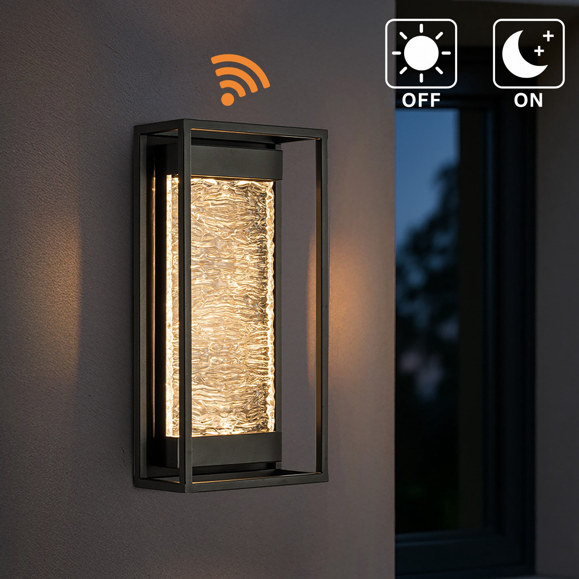 H15" Modern Outdoor Integrated LED Wall Light with Dusk to Dawn Sensor Matte Black Exterior Light Fixture with Handcrafted Textured Glass Wall Lantern for Porch Garage Entryway