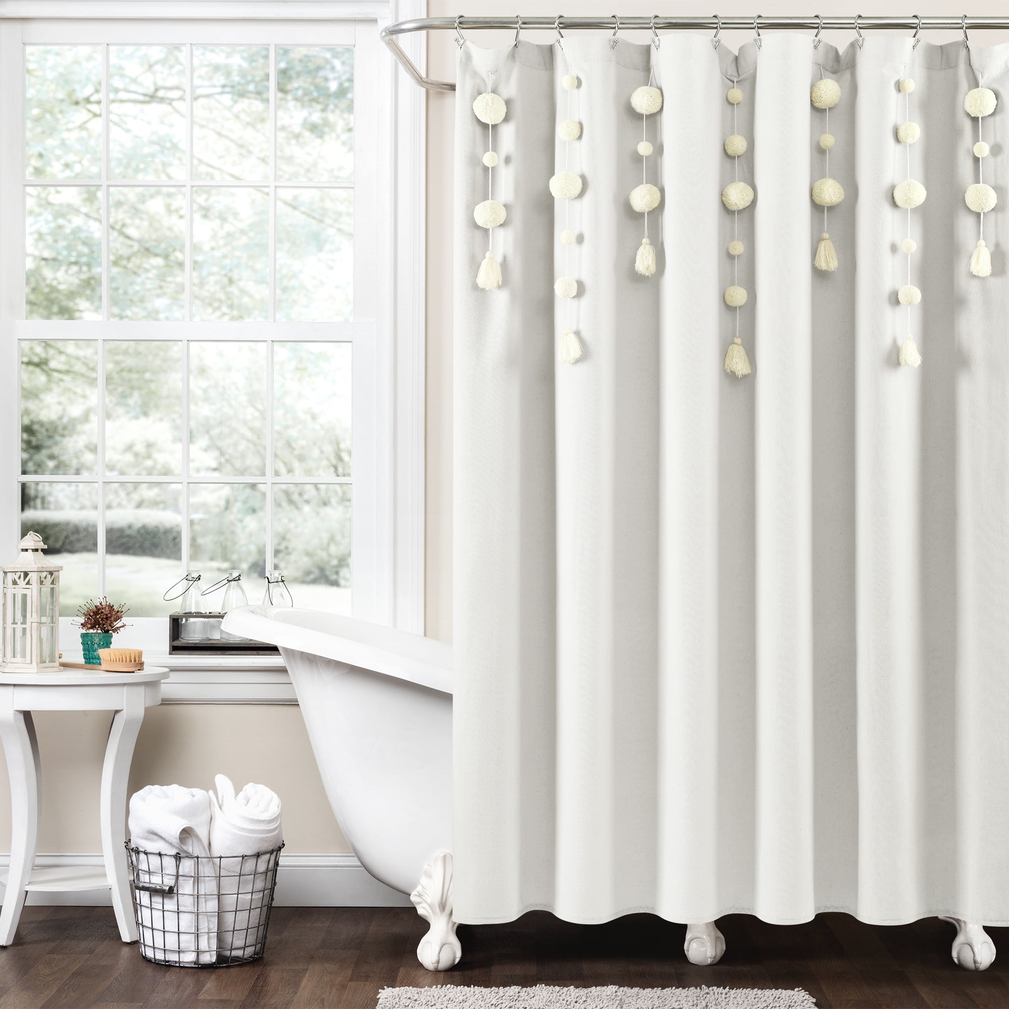 FABRIC SHOWER CURTAIN WITH PEARL TASSEL TRIM 