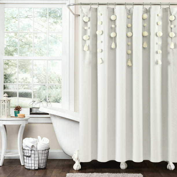 Lush Decor Boho Pom Tassel Linen, Off White Ruffle Shower Curtain