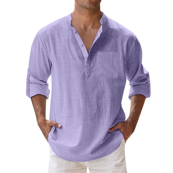 JESFFER Men's Linen Cotton Long Sleeve Button Down Henley Shirt Casual Solid Band Collar Beach Shirts