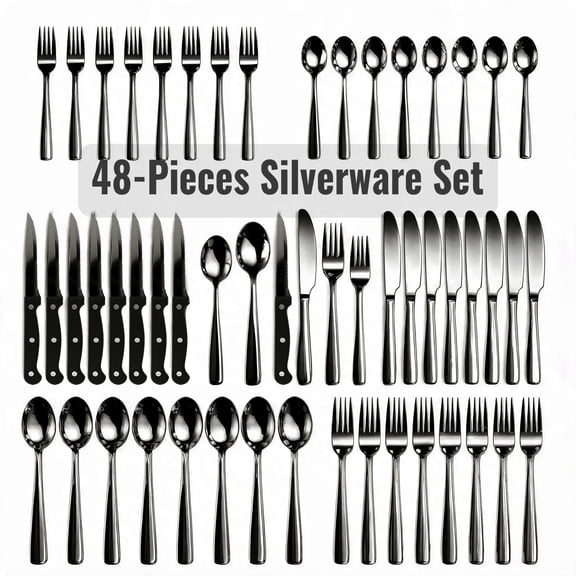 48-Piece Black Silverware Set for 8, with Steak Knives - Food Grade Stainless Steel Flatware Cutlery Utensil Set - Premium Mirror Polished Finish for Home Restaurant Daily Use