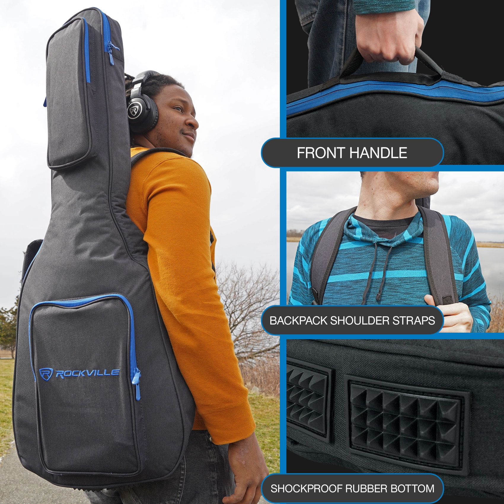 Rockville EGB25-BLU Padded Electric Guitar Gig Bag with Neck Pad + Secure Strap