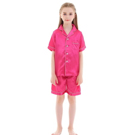 

Mergorte Short Sleeve Satin Girls Boys Button-Down Pajamas Set Sleepwear Loungewear Rose 130# 5-6Y