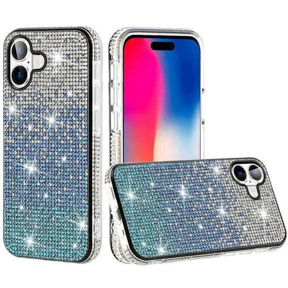 For iPhone 16 6.1 inch Party Diamond Bumper Bling Hybrid Case Cover - Blue