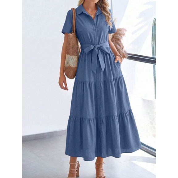 Denim Blue Womens Short Sleeve Shirt Dress With Belted Waist And Tiered Skirt