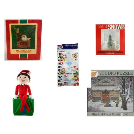 Christmas Fun Gift Bundle [5 Piece] - Hallmark  Tree Ornament Santa's Hot Tub - Let It Snow Glass Ornament Deer - Party Expressions Plastic Table cover 54