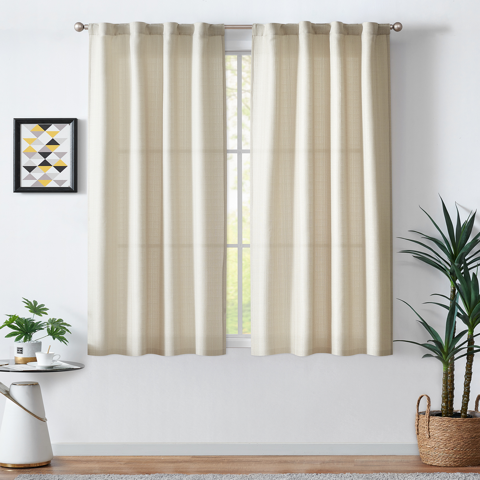 Curtainking Heathered Beige Curtains for Living Room 63 Inches Linen Textured Curtains Light Filtering Back Tab Curtains Casual Weave Back Tab Drapes 2 Panels - image 2 of 8