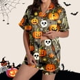 thumbnail image 2 of Weebloom Halloween Women'S Pajamas Pumpkin Leisure Silk Satin Short Sleeve Button Down Tops And Shorts Set Sleepwear Nightwear Pjs Loungewear Army Green S, 2 of 7