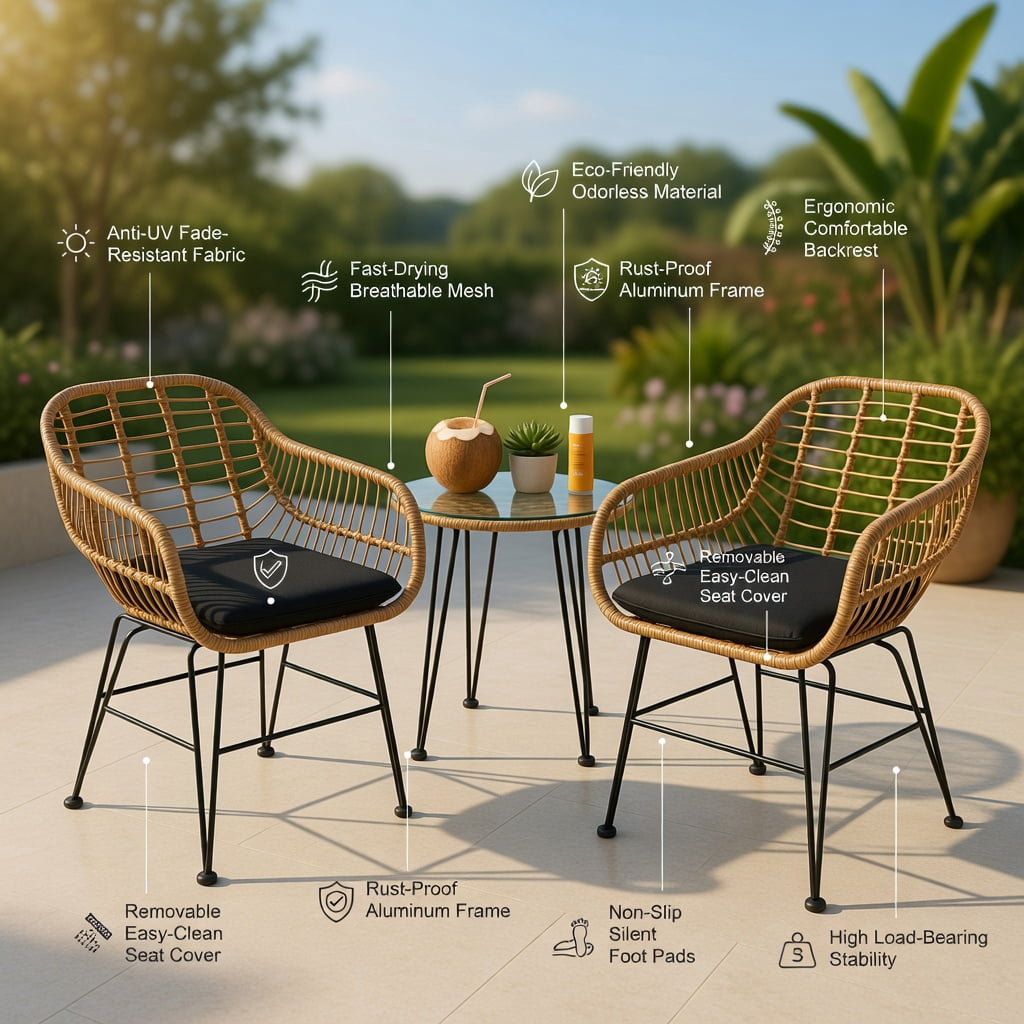 Hommoo 3-Piece Outdoor Rattan Furniture Set, 2 Armchairs + Coffee Table with Removable Cushions, Tempered Glass Top, Weather-Resistant Wicker & Steel Frame, Black
