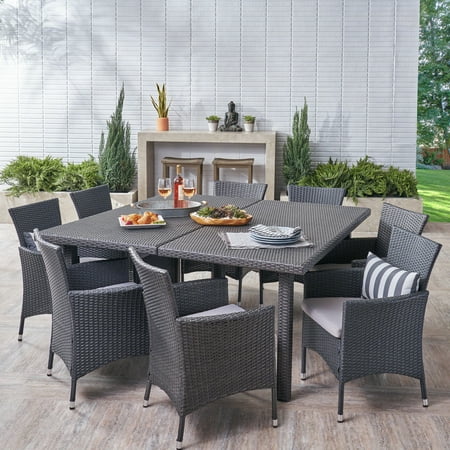 Luca Outdoor 9 Piece Wicker Square Dining Set, Grey, Silver