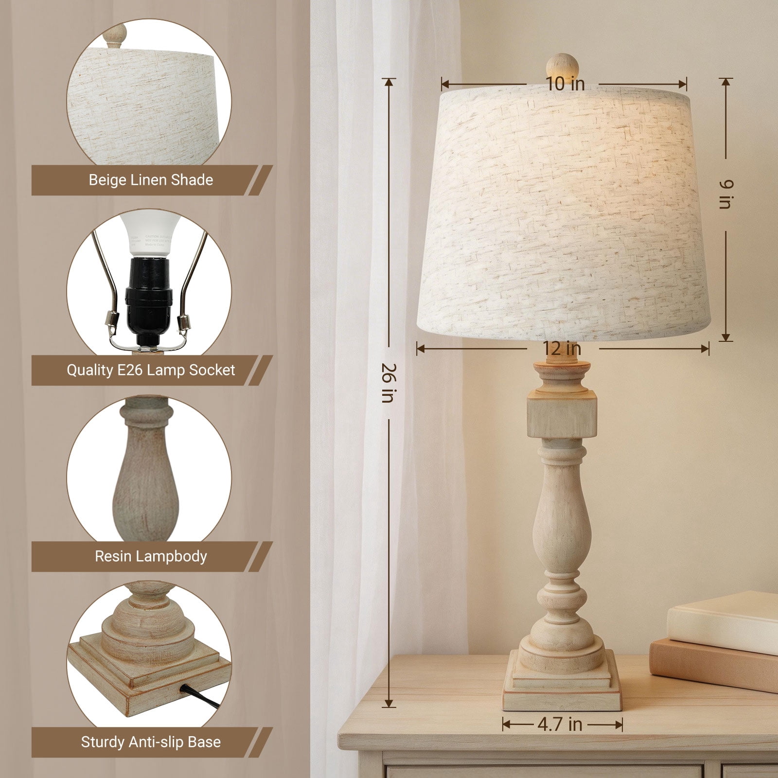 Tnuyoah 26'' Farmhouse Bedside Lamp for Living Room Set of 2 - Tall Table Lamp for Bedroom - Nightstand Lamp with Beige Fabric Shades, Gray