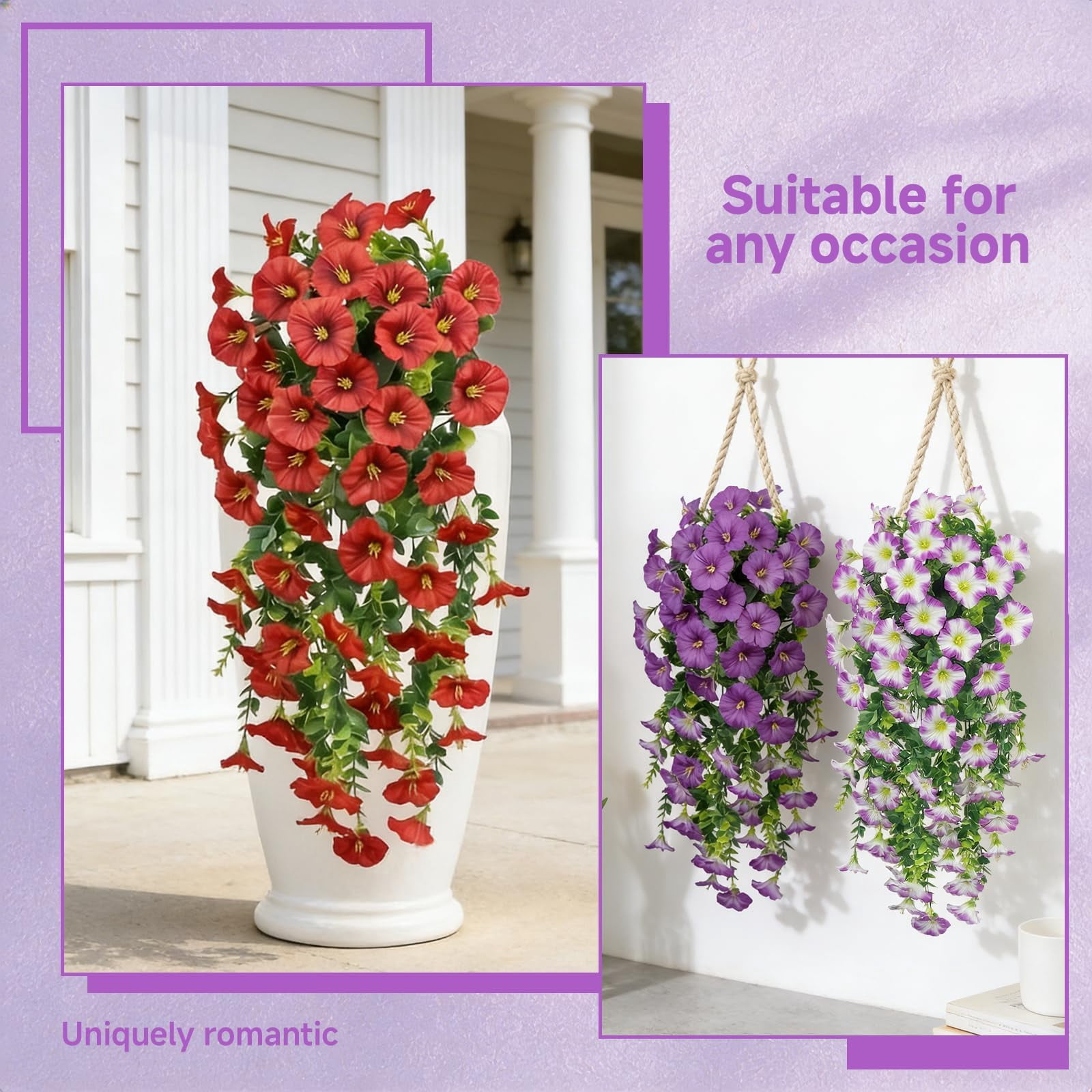 Artificial Hanging Flowers for Outdoors, 6 PCS Silk Morning Glory Artificial Flowers with Eucalyptus Leaves, UV Resistant Fake Flower Realistic Faux Plants for Home Patio Porch Garden0