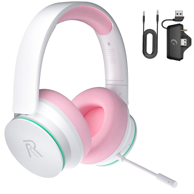 FONHAID Audífonos Gamer Inalámbricos de 2.4GHz para Xbox, PS5, Switch, Audífonos Gamer Bluetooth con Micrófono Desmontable con Cancelación de Ruido, Batería de 45H, Rosa