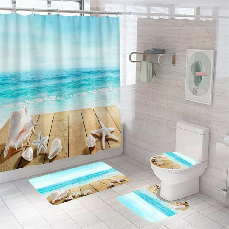 CHARMHOME 4 Piece Shower Curtain Sets with Non-Slip Rug, Toilet Lid Cover,  Bath Mat and 12 Hooks,Fins On The Sea Level Waterproof Bathroom Curtains
