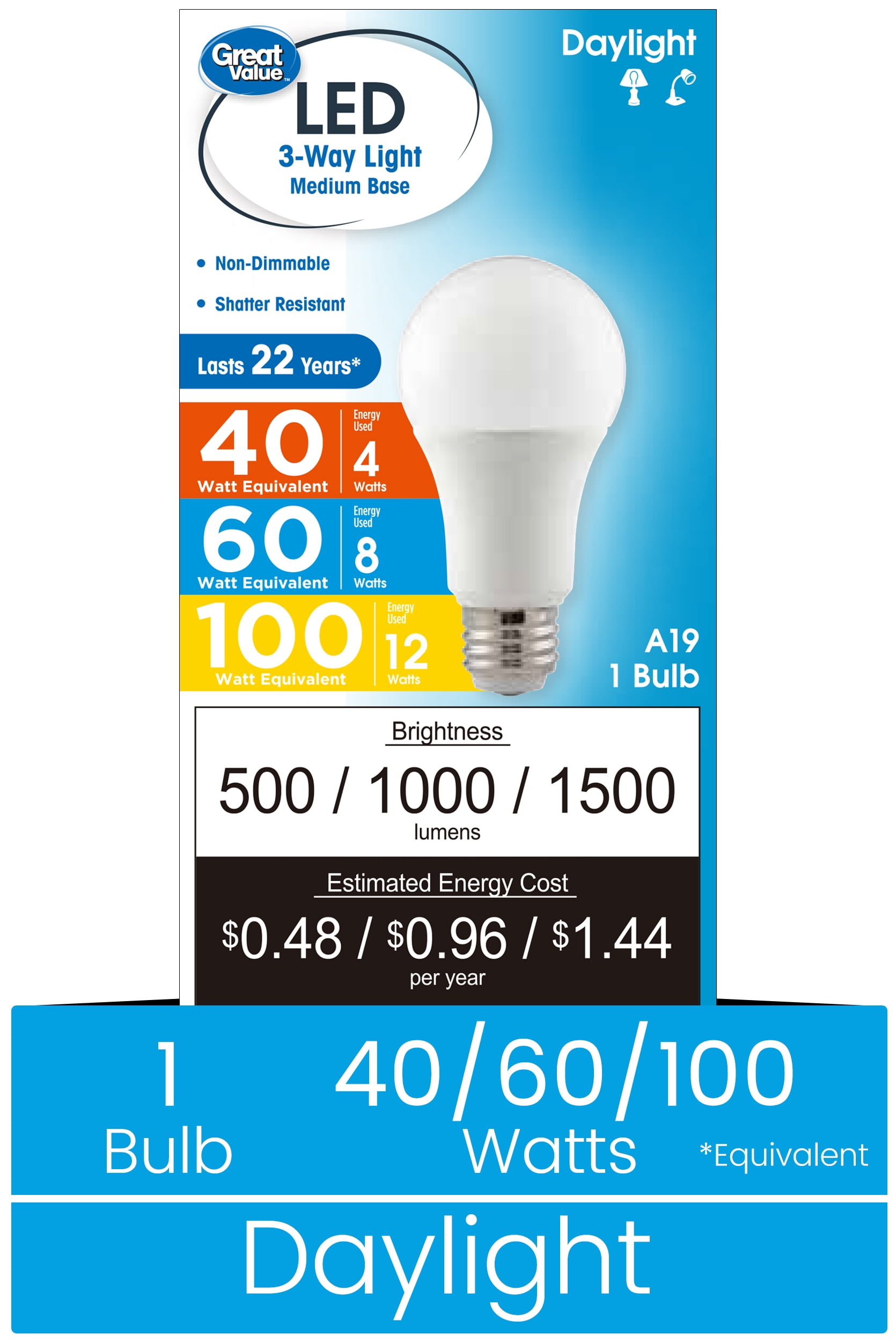 (4 pack) Great Value A19 LED 4/8/12W (40/60/100W Equivalent) Daylight E26 Medium Base 3-Way Light Bulb