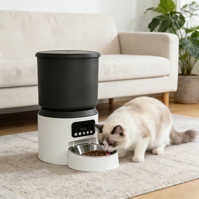 Dispensador automático de comida para perros y gatos: comedero programable con control de porciones, cuenco de acero inoxidable y compartimento para alimentos secos.