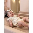 thumbnail image 6 of BemeyourBBs Newborn Baby Girl Summer Clothes Smocked Bubble Romper Cotton Linen Outfits Cherry Floral Print Crew Neck Flying Sleeve Bodysuit and Bow Headband 2 Pcs Set, 6 of 9
