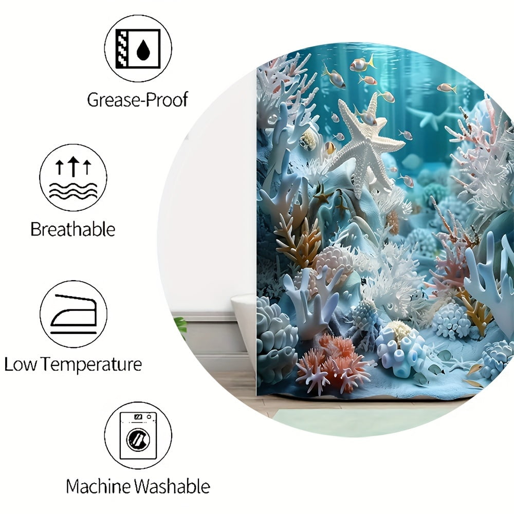 4pcs Ocean Style Shell Starfish Shower Curtain Set Bathroom Set Waterproof Shower Curtains Non-Slip Floor Mat Toilet Seat Cover, Bath Mat and 12 Plastic Hooks Bathroom Accessories Home Decor