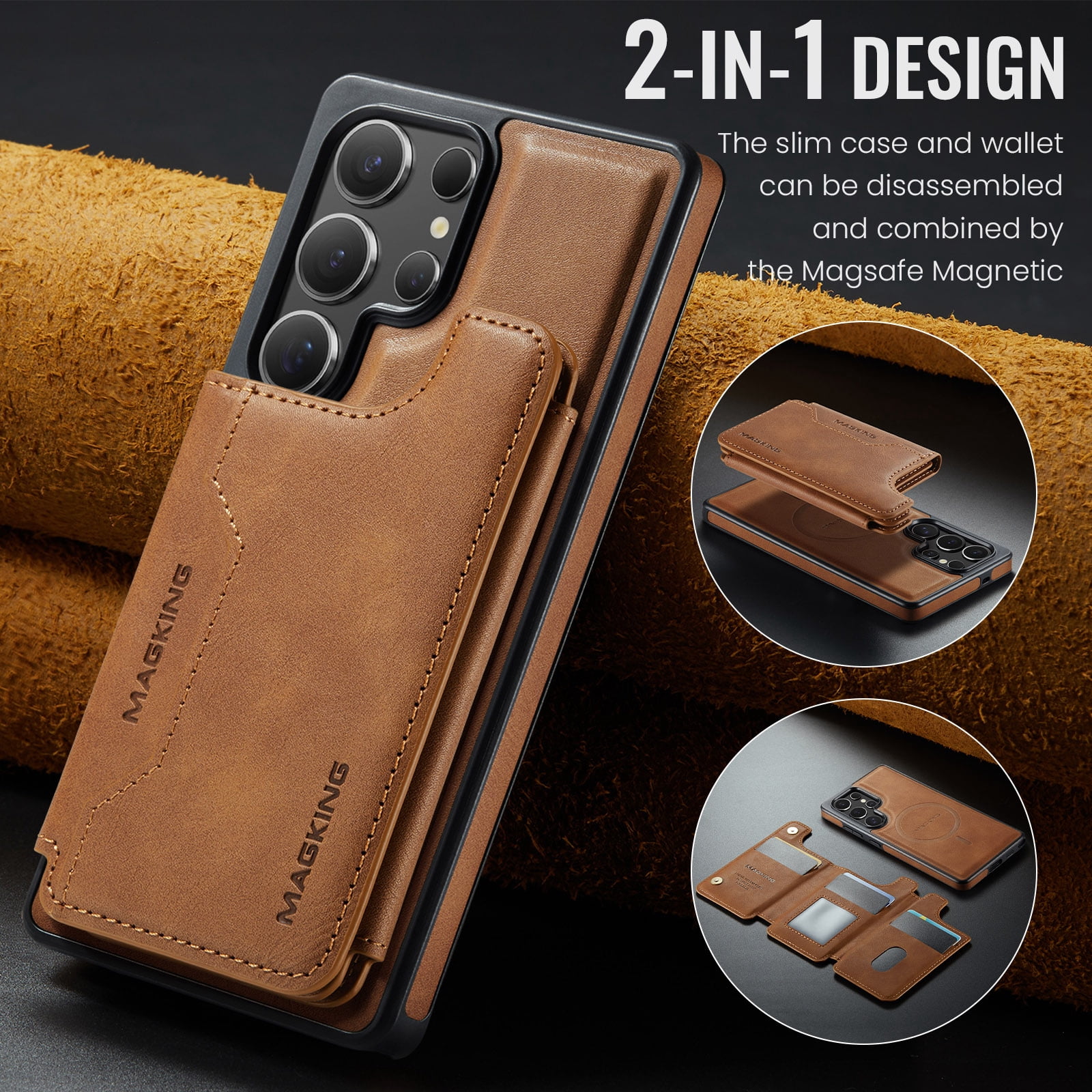 Designed for Samsung Galaxy S24 Ultra Wallet Phone Case,Magnetic Detachable Flip Card Holder,Back Flip Kickstand,Compatible with Mag-Safe,2-in-1 PU Leather Heavy Duty Shockproof Phone Case,Brown