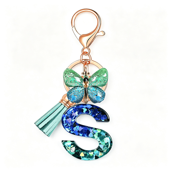 DESIGNICE Initial Letter Keychains for Women Tassel Butterfly Cute Car Keychain for Wallet Backpack Bag Charm,Butterfly Keychain