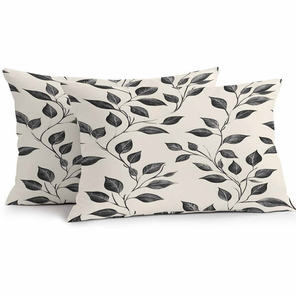 Waterproof Throw Pillow Covers Set of 2, 20x12 Inch Beige Black Leaves Decorative Pillowcases Outdoor Pillow Slip Cushion Covers Set for Couch Tent Farmhouse Vintage Botanical