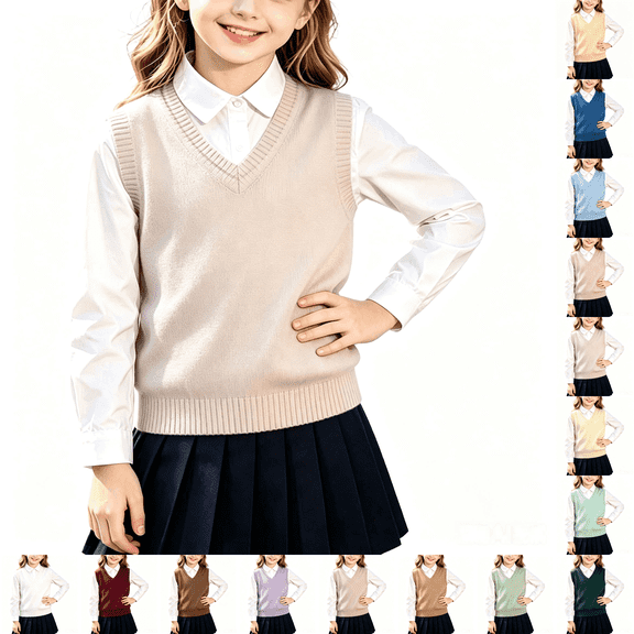 Asgosdo Girls Knit Vest Cotton Sleeveless V Neck Teen School Uniform Pullover Classic Sweater Tops Size 5-17Y