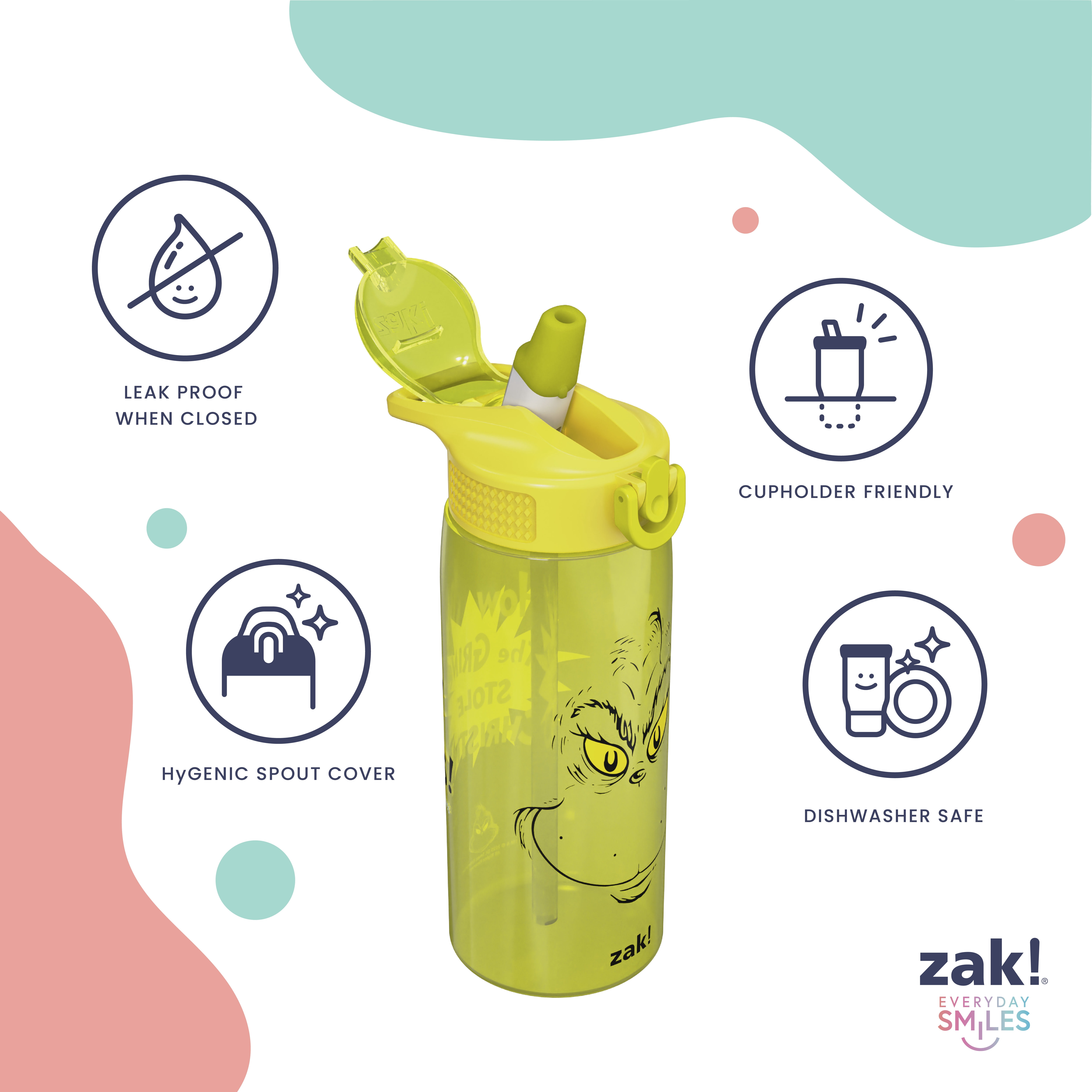 Zak Designs Durable Plastic 25oz Grinch Kids Water Bottle with Straw and Handle
