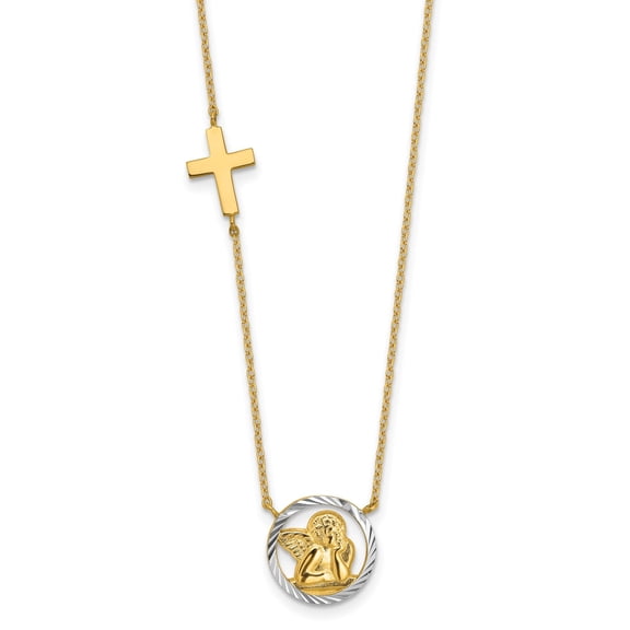14k Yellow Gold Cross and Angel Charm Necklace, 17" Cable Chain, Unisex