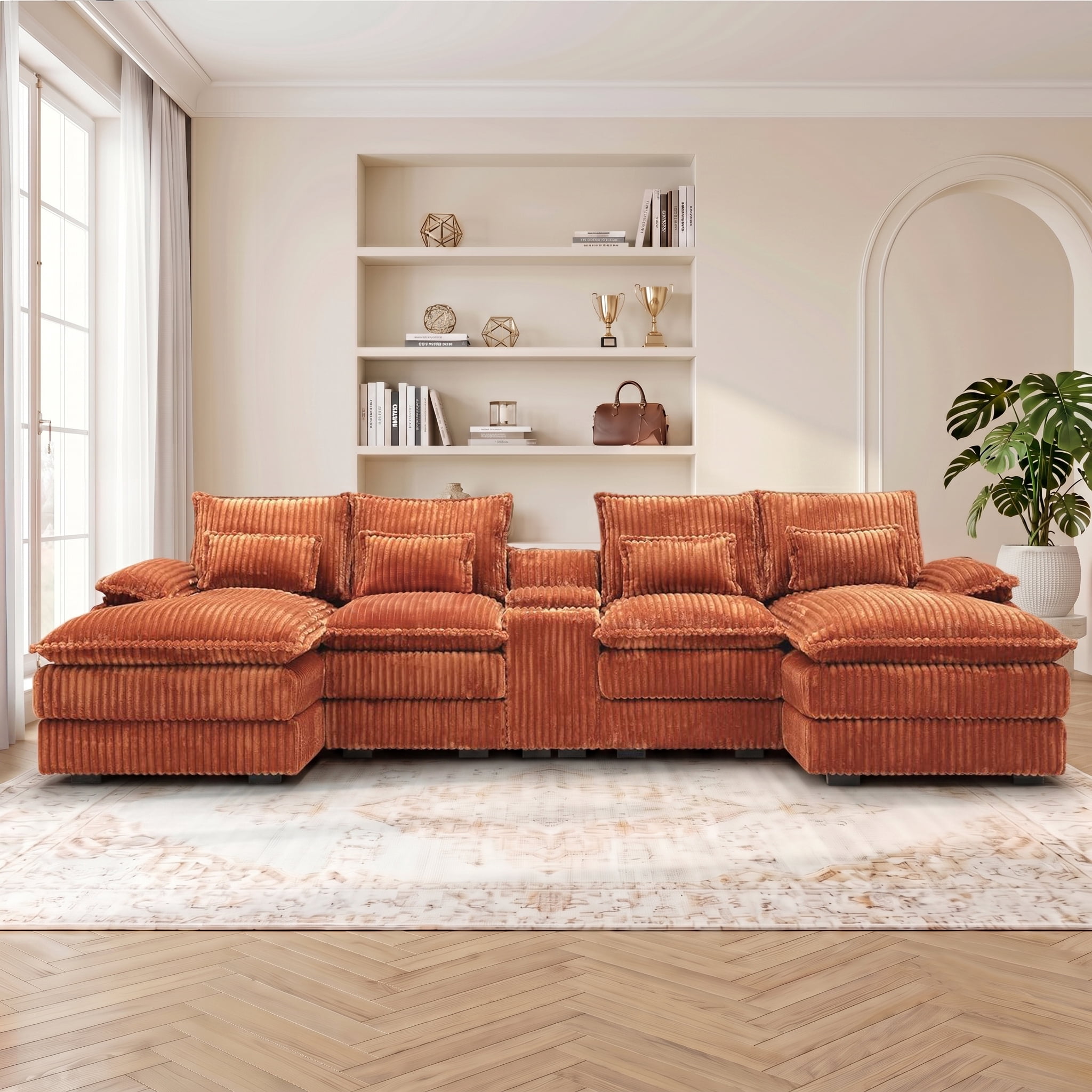 ANPPORT Luxury 124" U Shaped Cloud Modular Sectional Sofa, Corduroy Deep Seat Couch with Storage Console, USB Ports & Cup Holders for Living Room, Orange