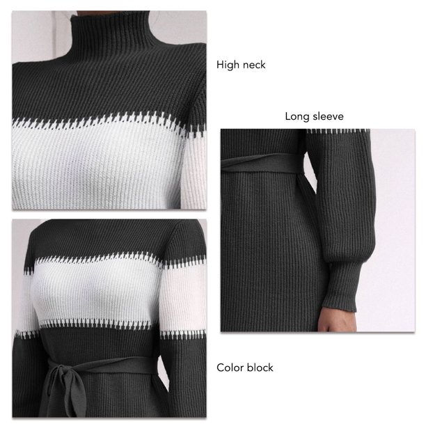 Short Knit Dress Stitching High Neck Knit Dress Long Sleeve Fashionable Color Block Stylish for Office ANGGREK Otros