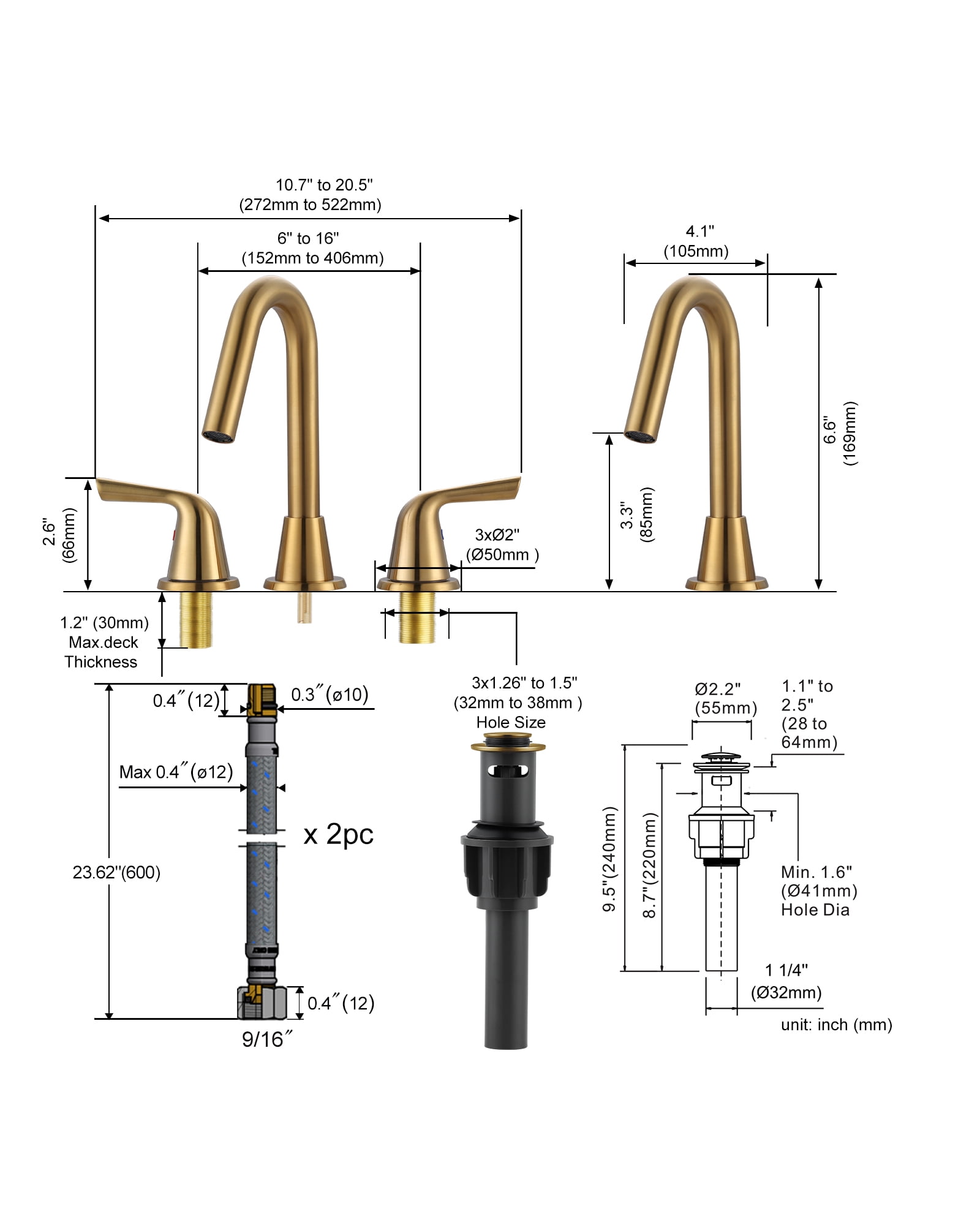 WOWOW Widespread Bathroom Faucets for Sink 3 Hole Gold, 8 inch Bathroom Faucet with Pop Up Drain Assembly and Water Supply Lines 2 Handle 360° Swivel Spout Basin Faucets for Vanity Lavatory