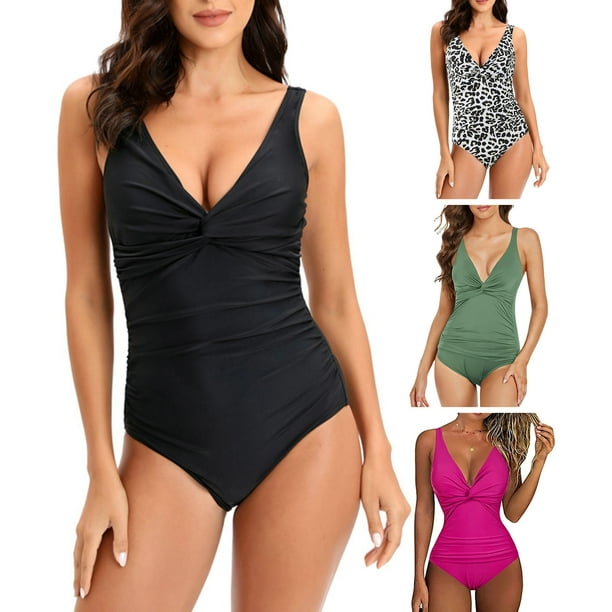Fairnull Women Beach Monokini Deep V Neck Low-cut Solid Color Sleeveless  Padded Swimming No Wire Pleated Lady Bathing Suit Water Sports Clothes 