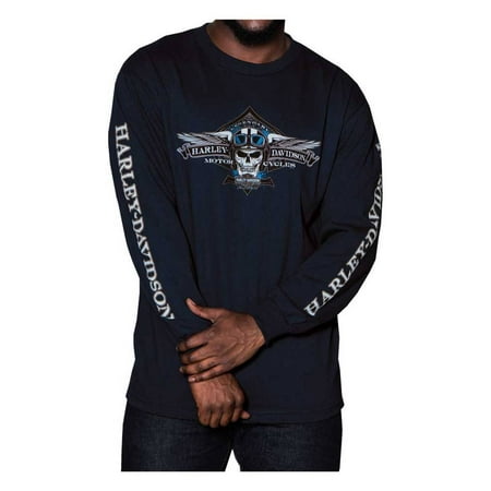 Harley-Davidson Men's Aviator Skull Long Sleeve Crew Neck Shirt, Navy Blue, Harley Davidson