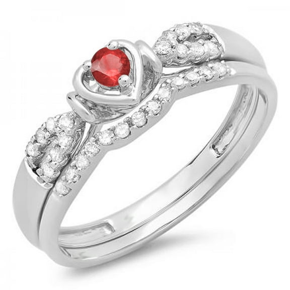 Dazzlingrock Collection 10K Ruby & White Diamond Heart Shaped Bridal Engagement Ring Set, White Gold, Size 5.5