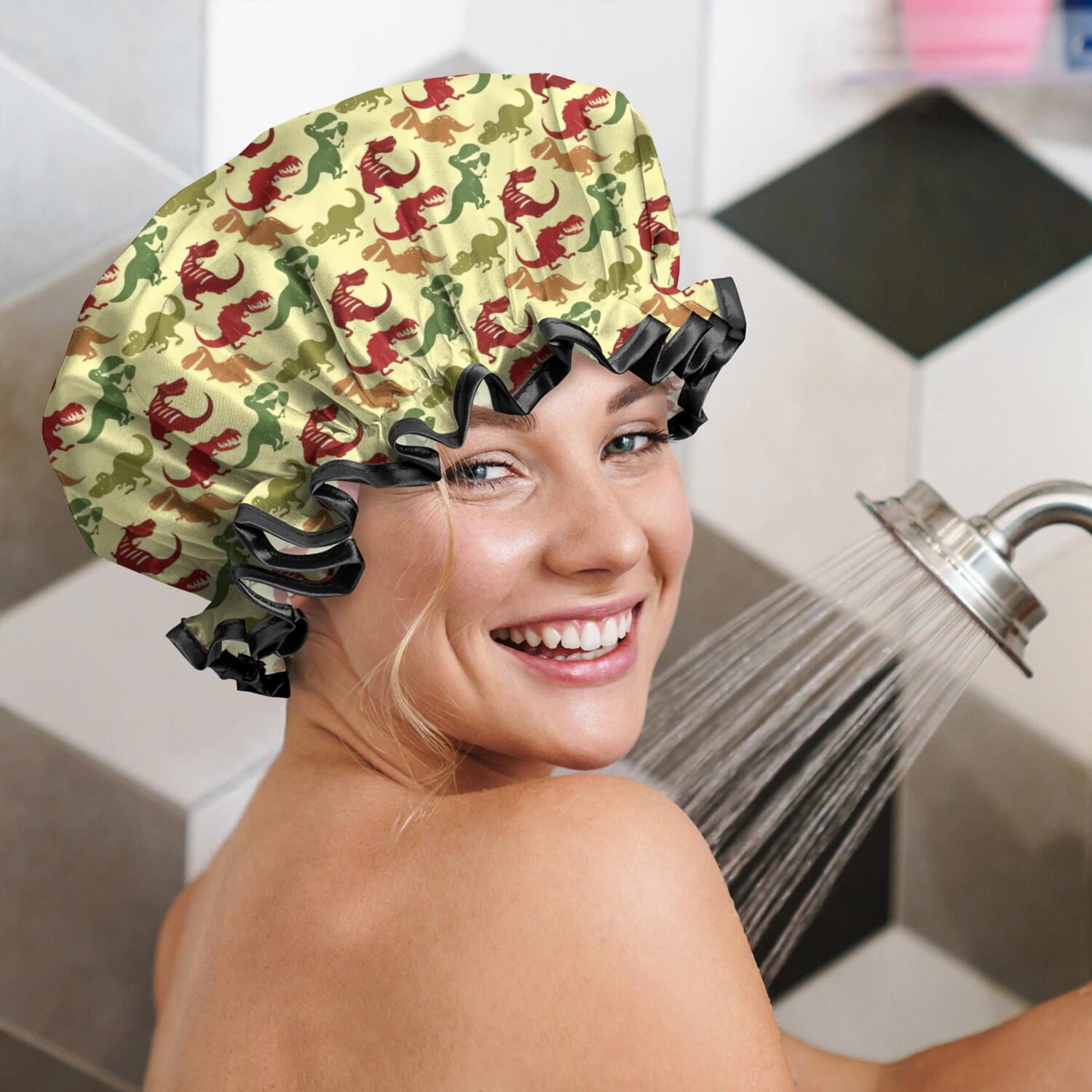 Shower Caps,Yellow Cartoon Dinosaurs Pattern Waterproof Shower Cap for Women 4 Pieces,Double Reusable Hair Cover for Shower PEVA Elastic Stretch Hem