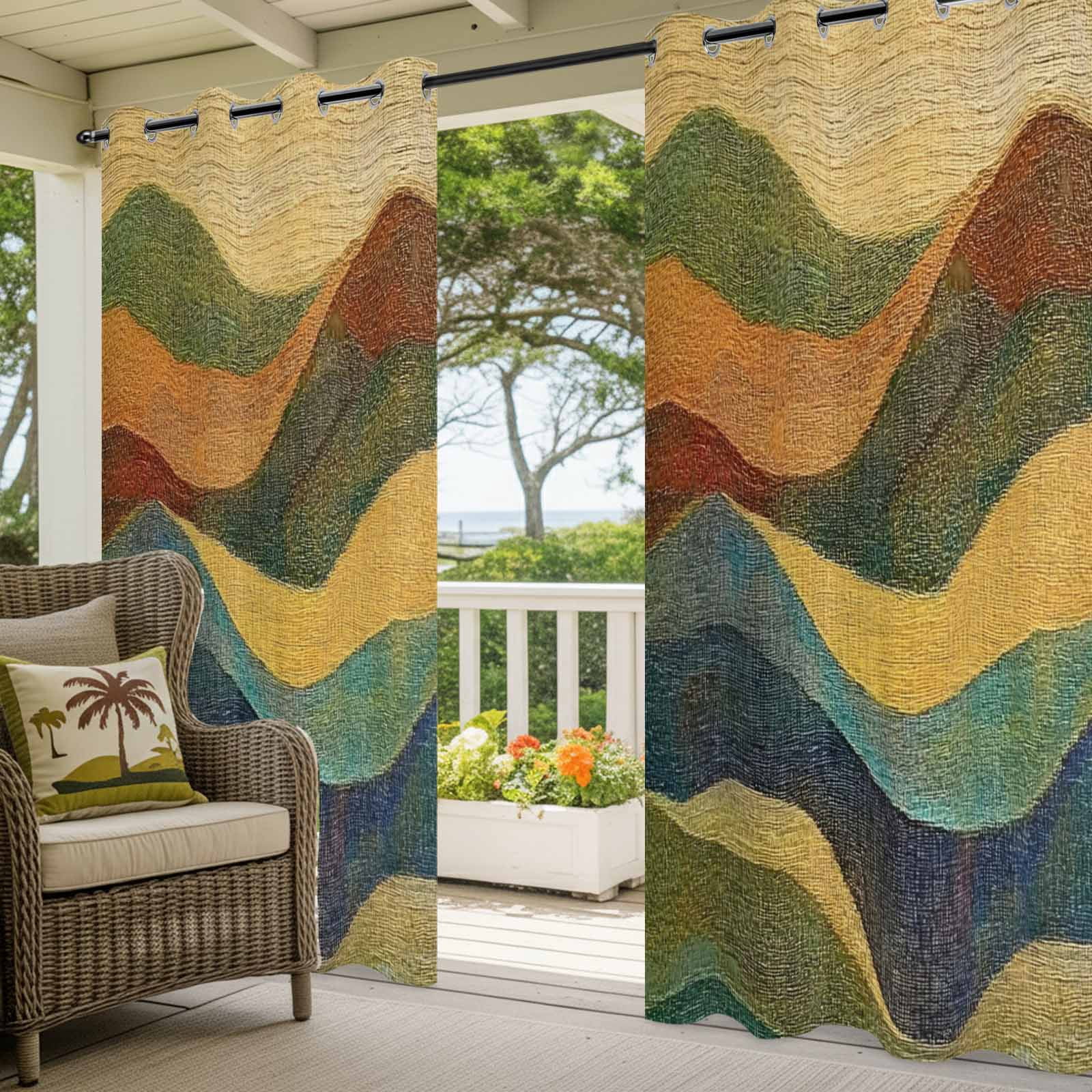 Outdoor Curtains for Patio Waterproof, Vintage Green Yellow Windproof Pravicy Outside Porch Blackout Curtain, Farmhouse Retro Art Sun Blocking Grommets Curtains for Cabana Gazebo 54"x108"