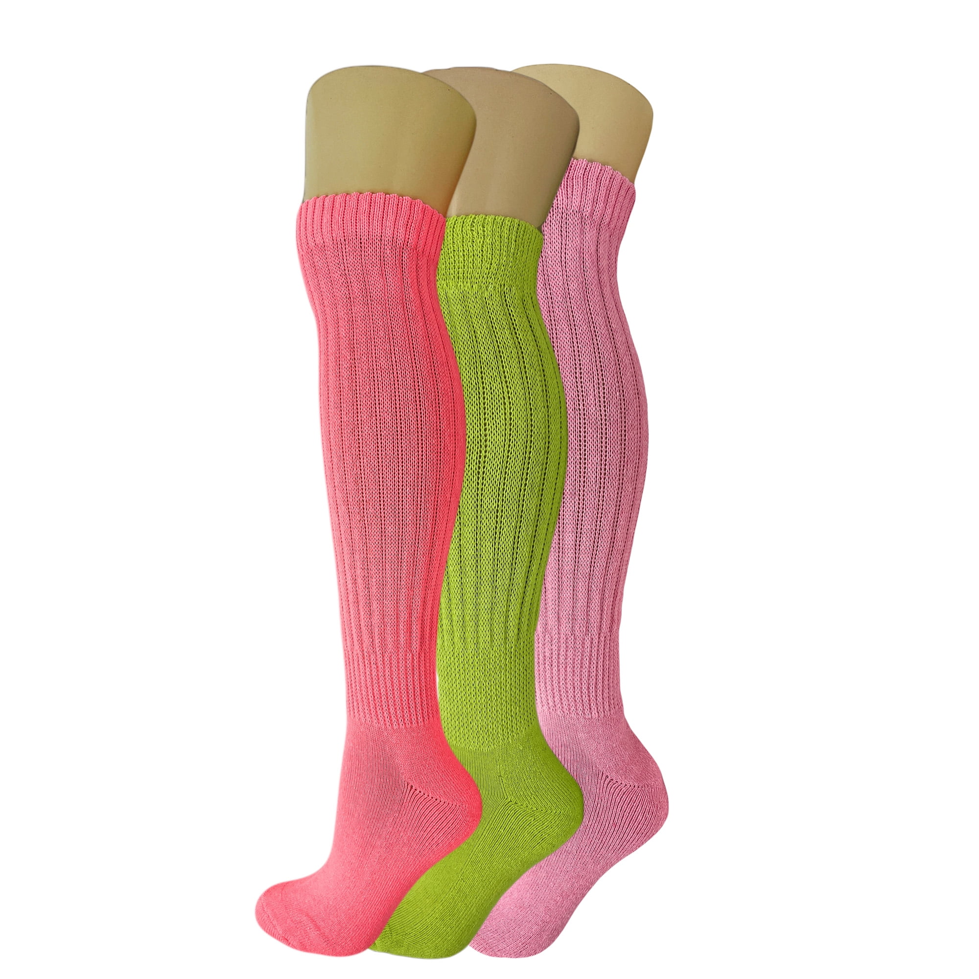 3 Pack Slouch Socks Cotton Colorful Heavy Knee High Scrunch Socks for Women and Men (Neon Pink