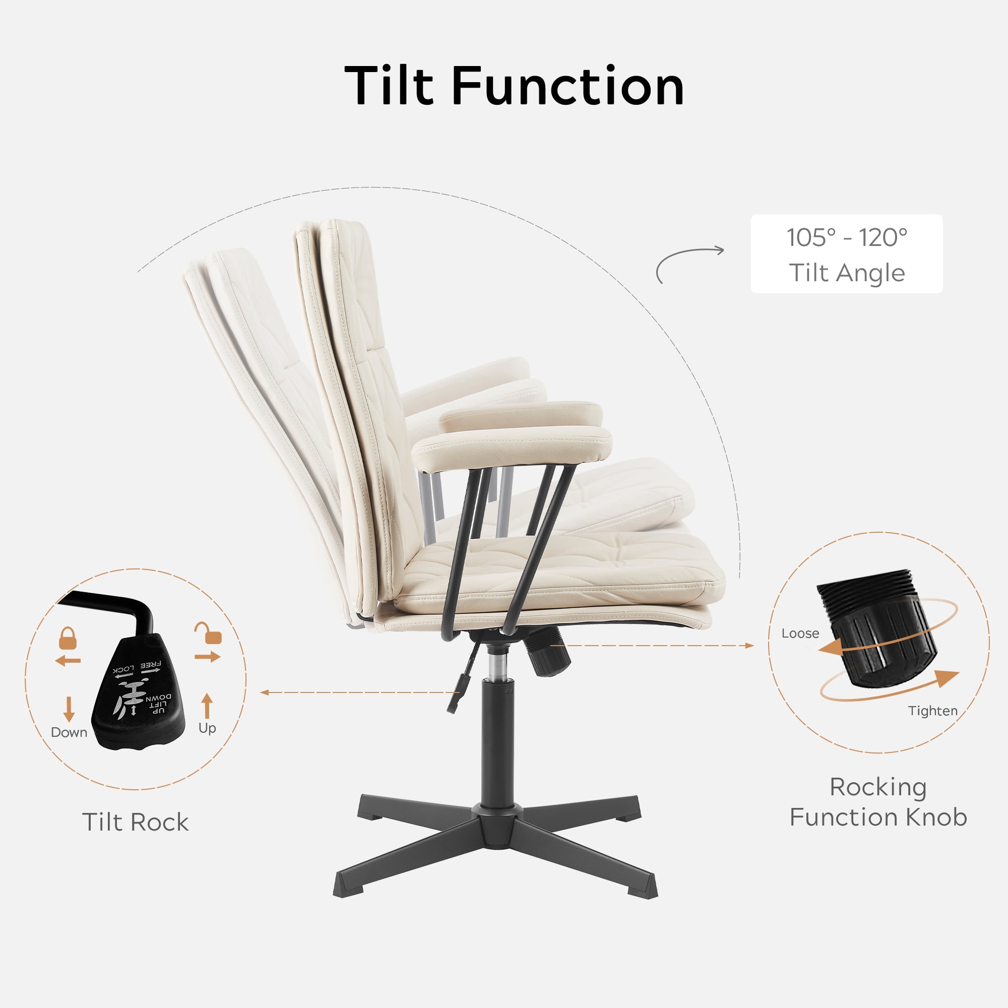 EYYTHUNG Home Office Desk Chair No Wheels with Arms, Crossleg Adjustable Stationary Ergonomic Office Swivel Working Computer Chair, Cream White